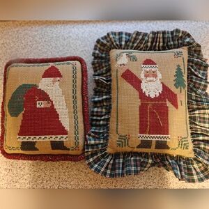Handmade Vintage Cross Stitch Santa Claus Christmas Pillows Set of 2 Burlap